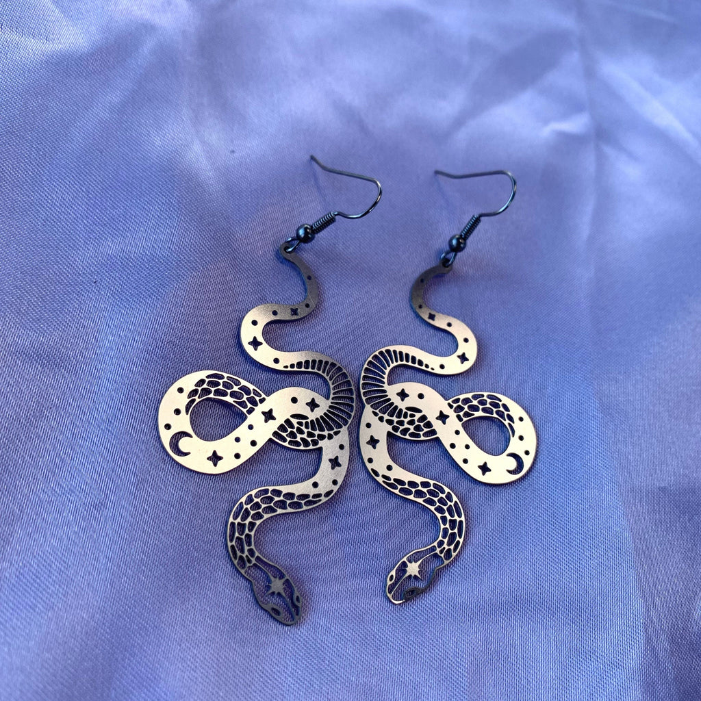 Cool quirky silver stainless steel statement celestial these moon star snake drop dangle earrings