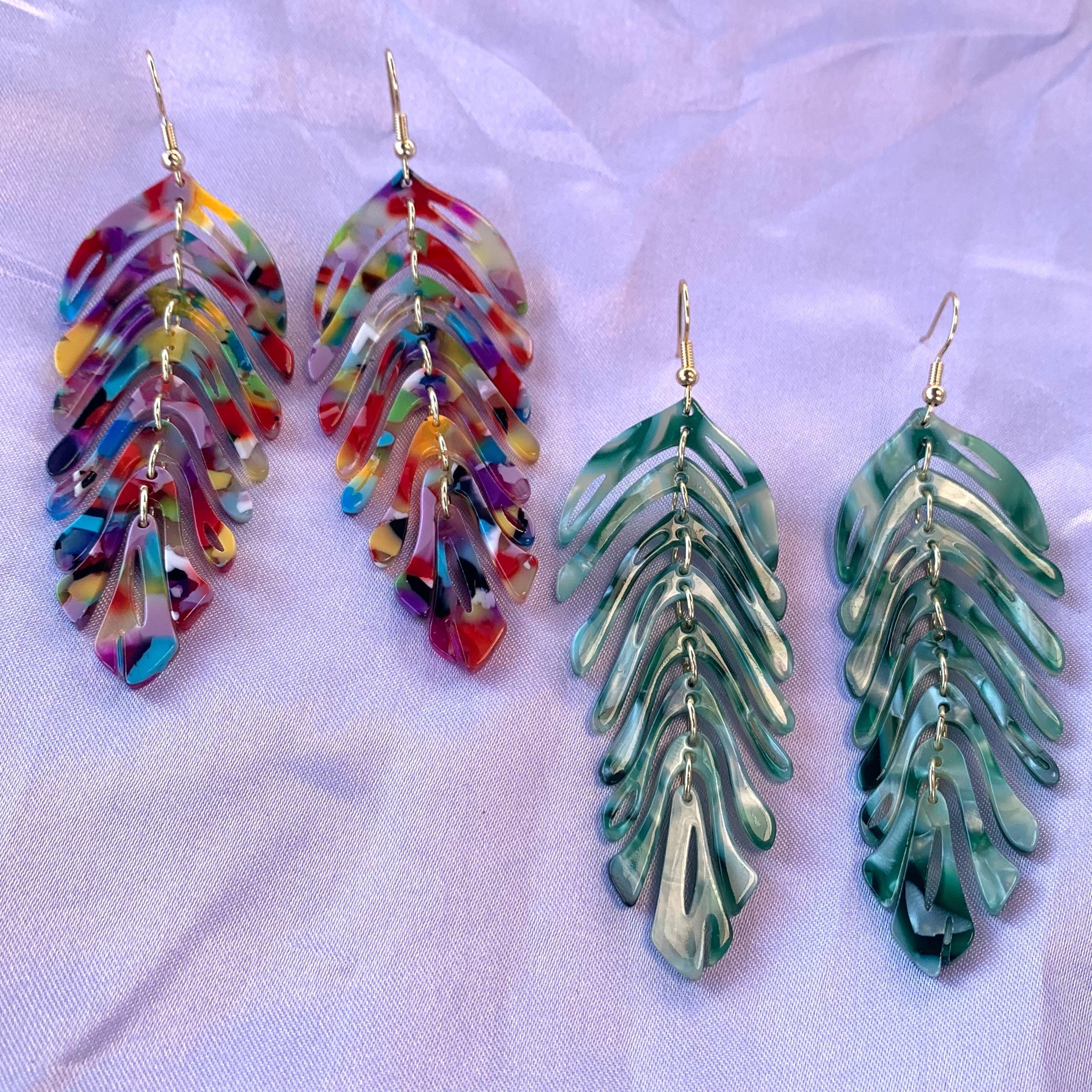 Large rainbow or green  dangle gold leaf earrings