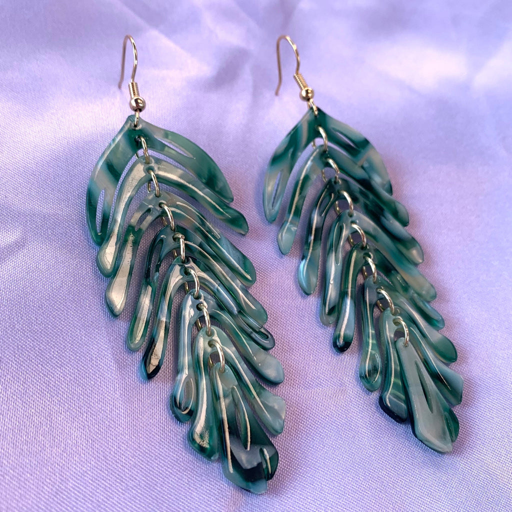 Large rainbow or green  dangle gold leaf earrings