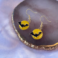 Yellow glitter black bat moon halloween gold dangle earrings