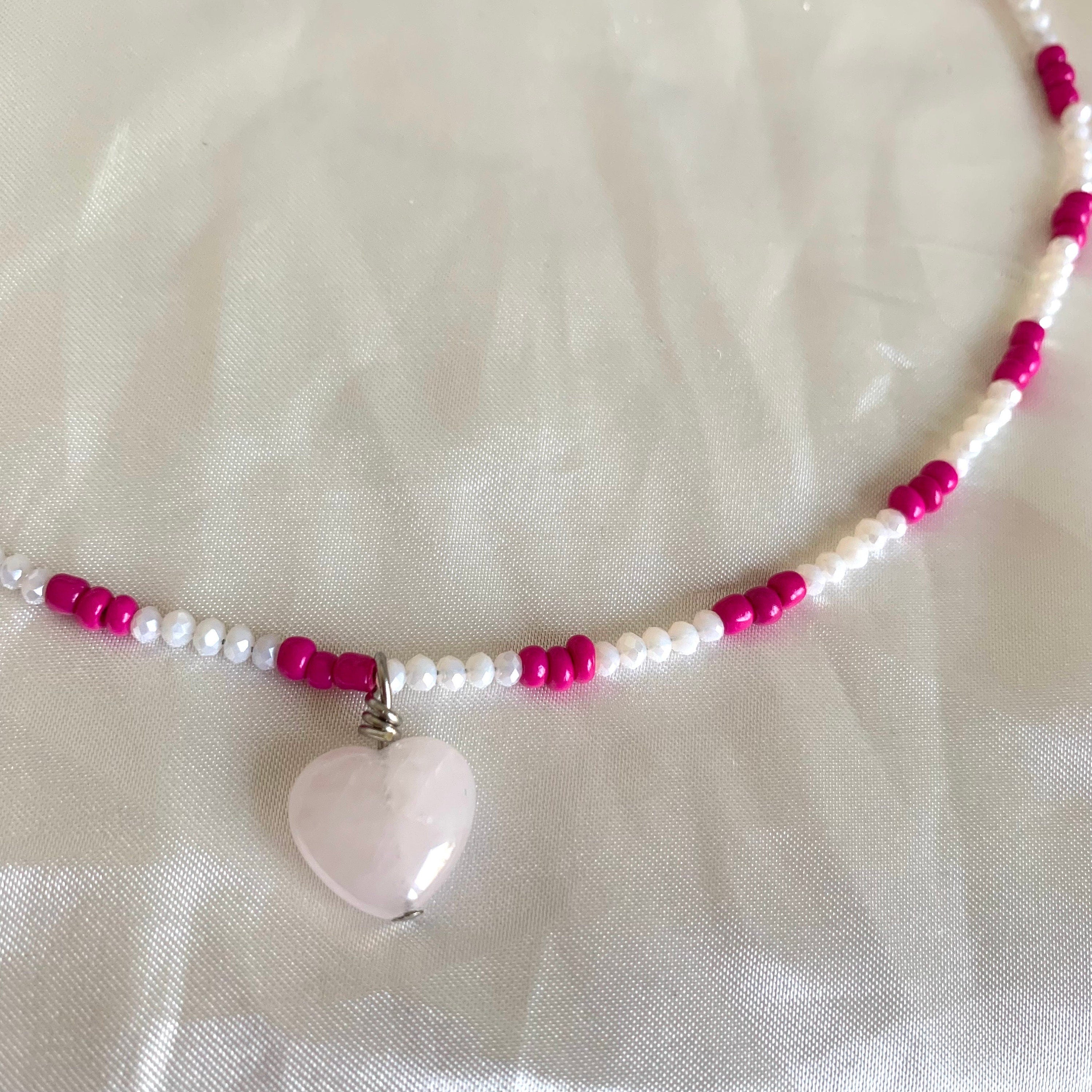 Handmade beaded pink and white rose quartz heart necklace