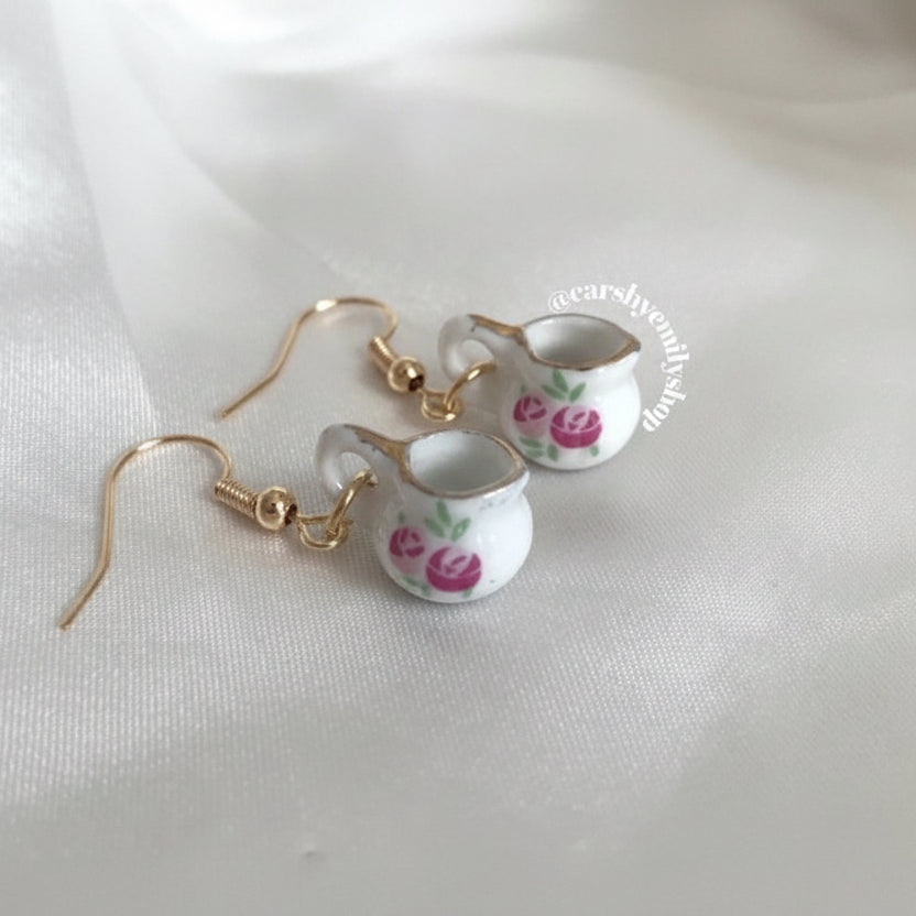 Rose white porcelain rustic tea coffee pot jug gold earrings