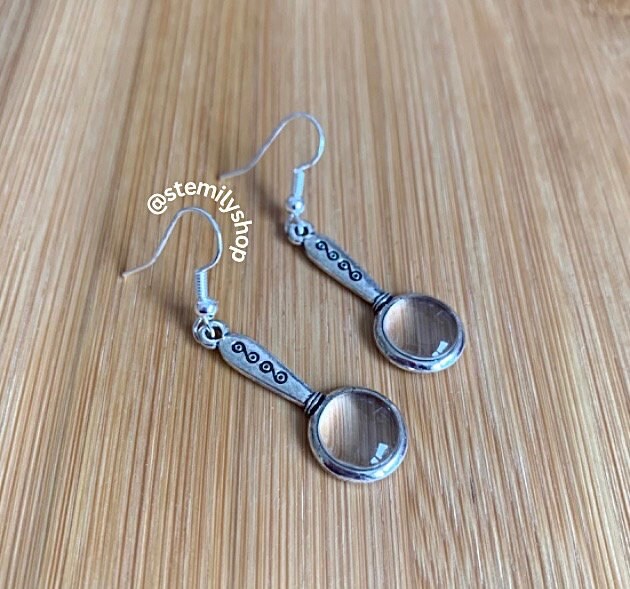 Cool quirky silver magnifying glass stem science drop dangle biology earrings on hypoallergenic surgical steel hooks