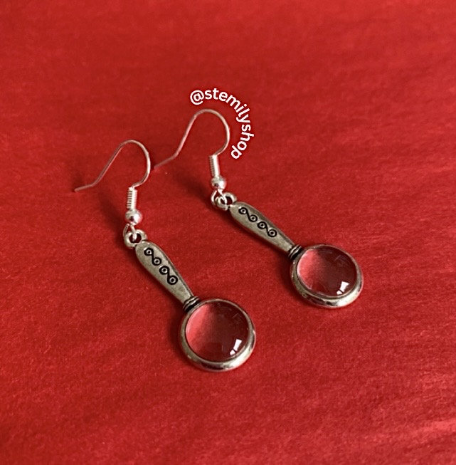 Cool quirky silver magnifying glass stem science drop dangle biology earrings on hypoallergenic surgical steel hooks