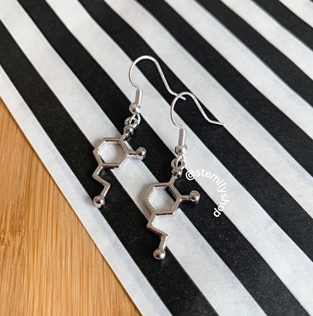 Cool quirky silver dopamine stem science drop dangle biology earrings on hypoallergenic surgical steel hooks