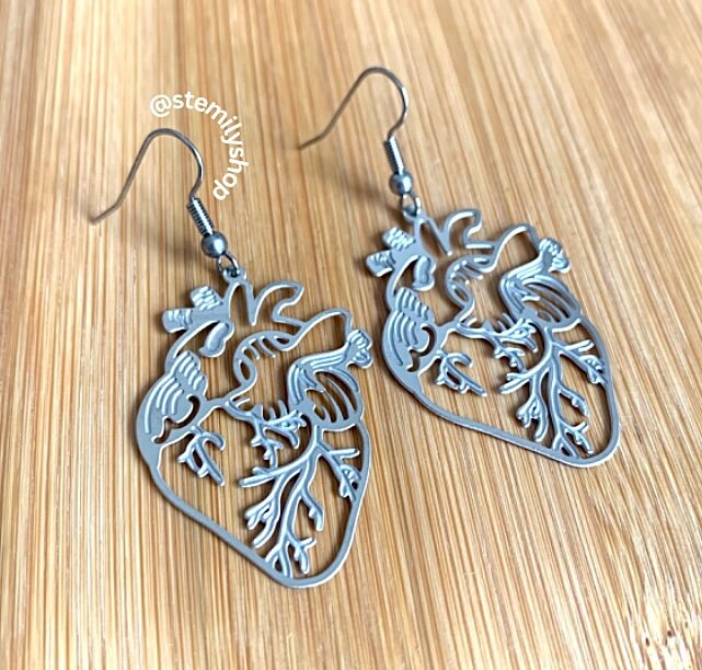 Cool quirky anatomical heart statement silver stainless steel drop dangle earrings handmade on surgical steel hooks