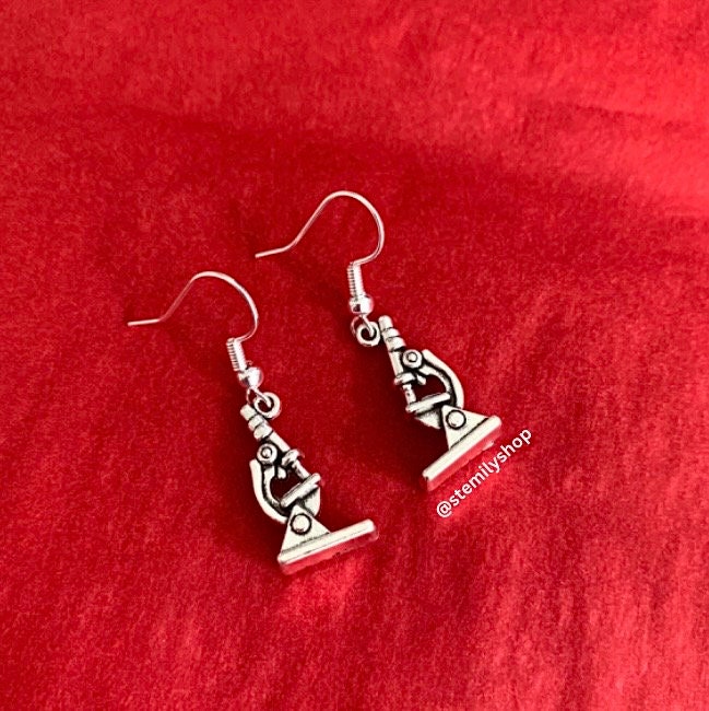 Cool quirky silver microscope science biology earrings on hypoallergenic surgical steel hooks
