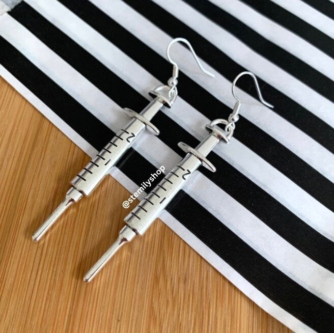 Cool quirky silver syringe science biology nurse earrings on silver plated hooks