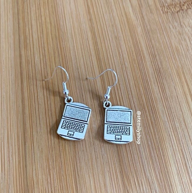 Cool quirky silver laptop computer stem drop dangle earrings on hypoallergenic surgical steel hooks