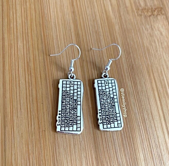 Cool quirky silver laptop computer keyboard stem earrings on hypoallergenic surgical steel hooks