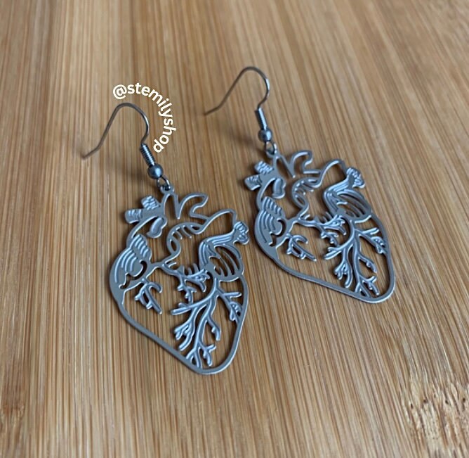 Cool quirky anatomical heart statement silver stainless steel drop dangle earrings handmade on surgical steel hooks