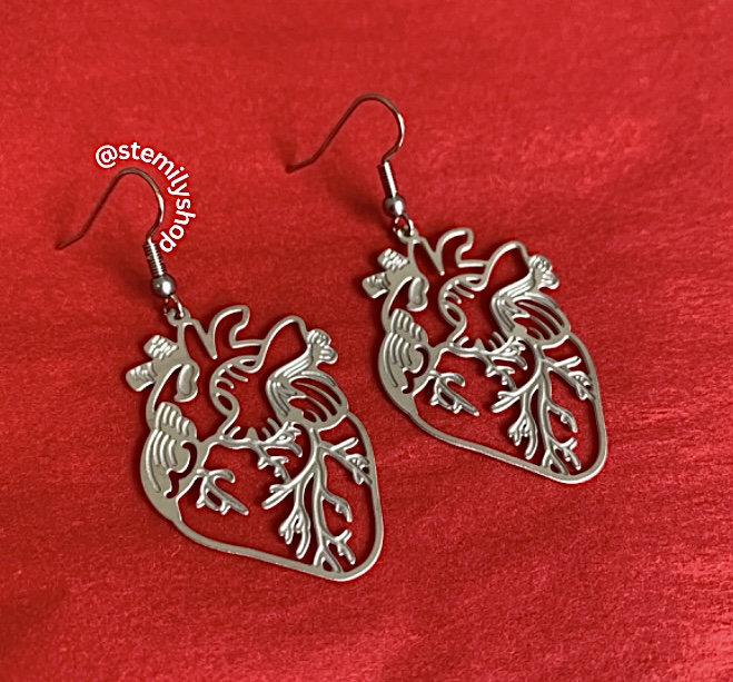 Cool quirky anatomical heart statement silver stainless steel drop dangle earrings handmade on surgical steel hooks