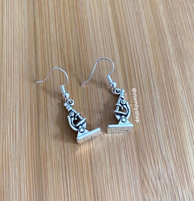 Cool quirky silver microscope science biology earrings on hypoallergenic surgical steel hooks