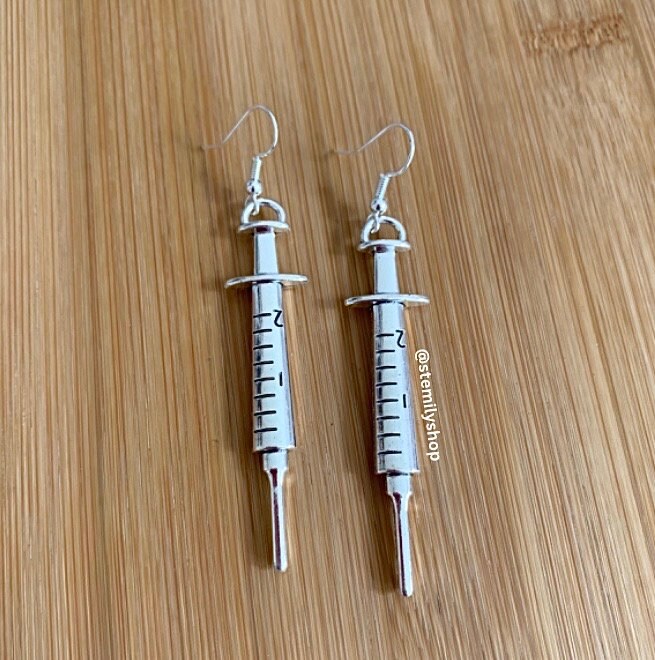 Cool quirky silver syringe science biology nurse earrings on silver plated hooks