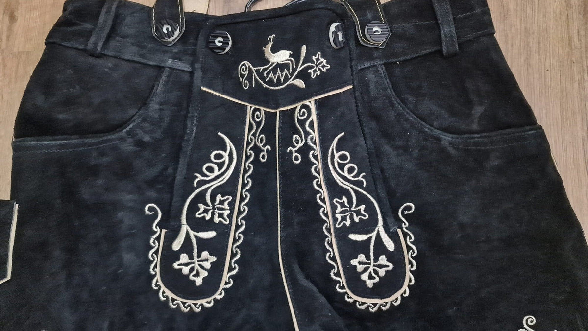 Black Men's Short Lederhosen Bavarian Genuine Cowhide Leather with Matching Suspenders