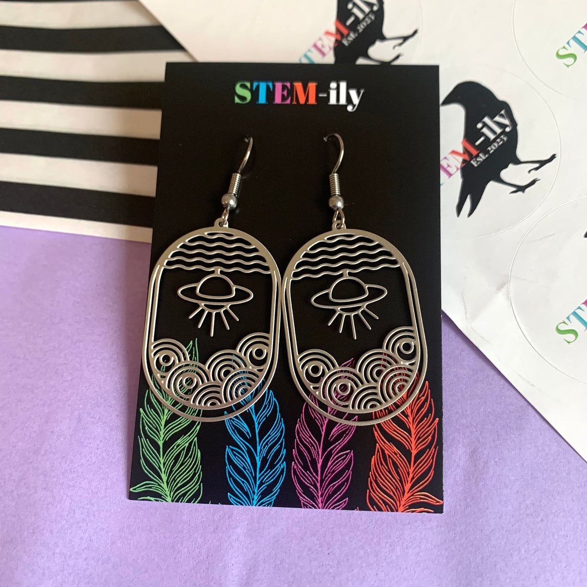 Cool silver stainless steel quirky UFO alien physics planet space stem drop dangle science teacher earrings on surgical steel