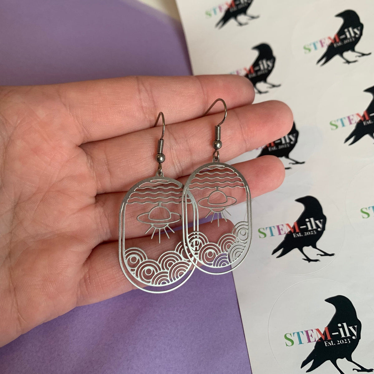 Cool silver stainless steel quirky UFO alien physics planet space stem drop dangle science teacher earrings on surgical steel