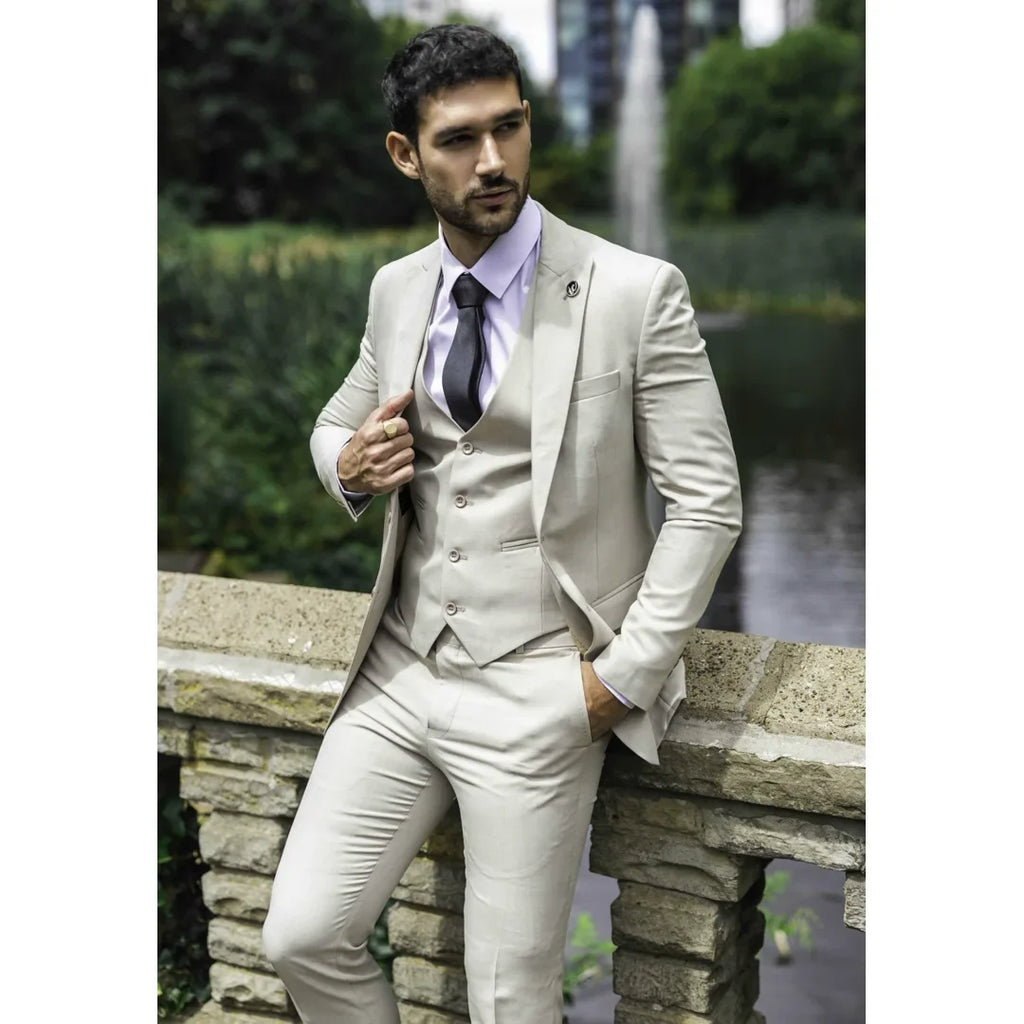 IM1 - Men's Classic Plain Cream 3 Piece Suit