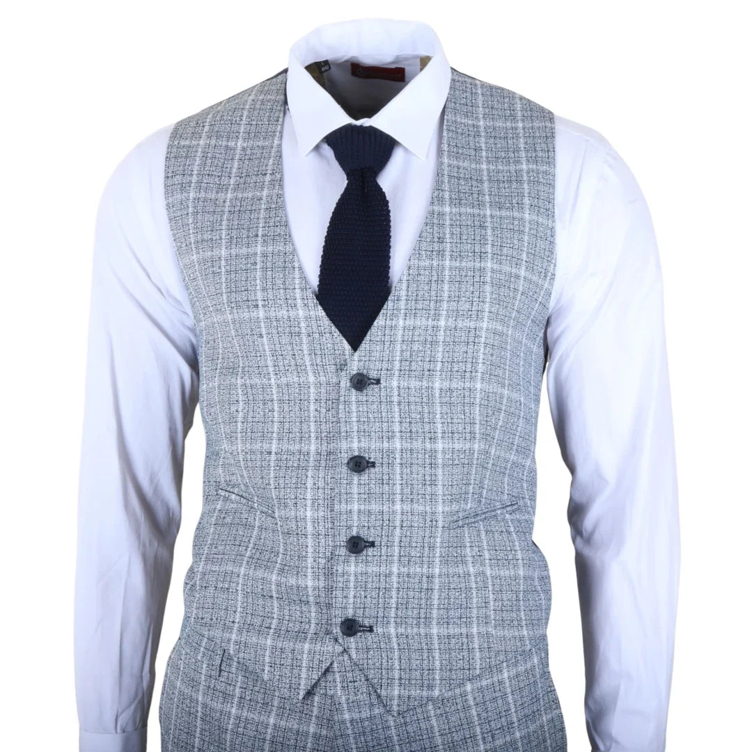 IM11 - Men's Light Blue 3 Piece Plaid Check Suit