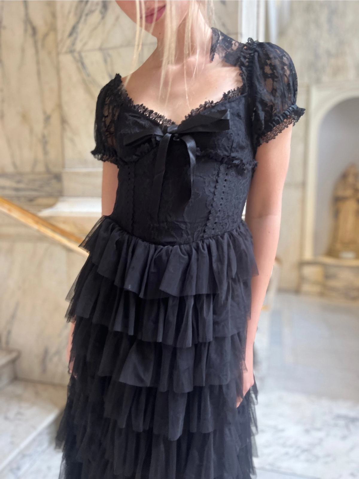 Amy Jane London Black Lace Sweetheart Neck Coquette Sofia Maxi Tulle Dress