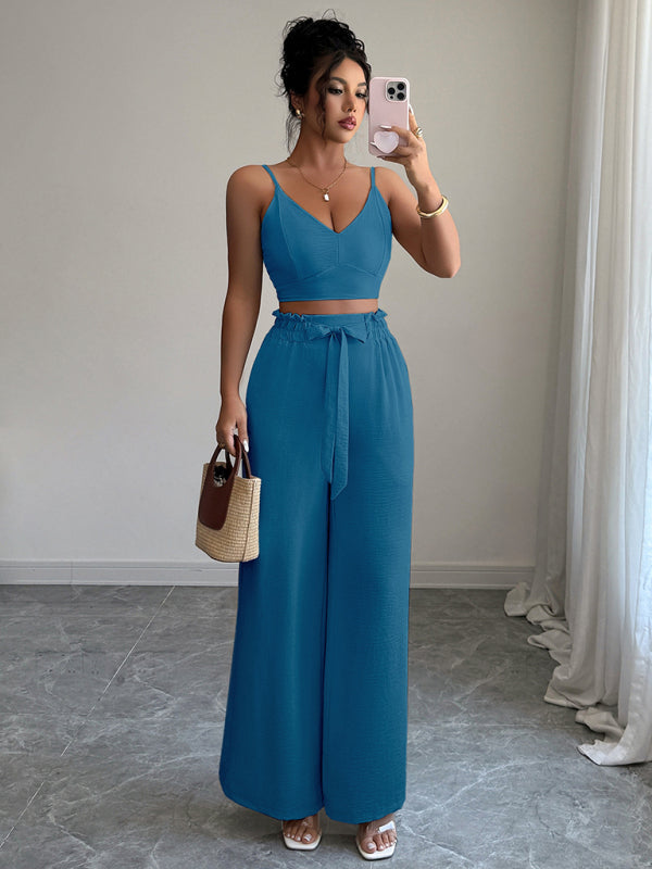 Peacock Blue Suspender Vest Wide Leg Pants Two-Piece Set