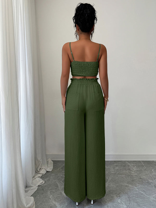 Army Green Suspender Vest Wide Leg Pants Two-Piece Set