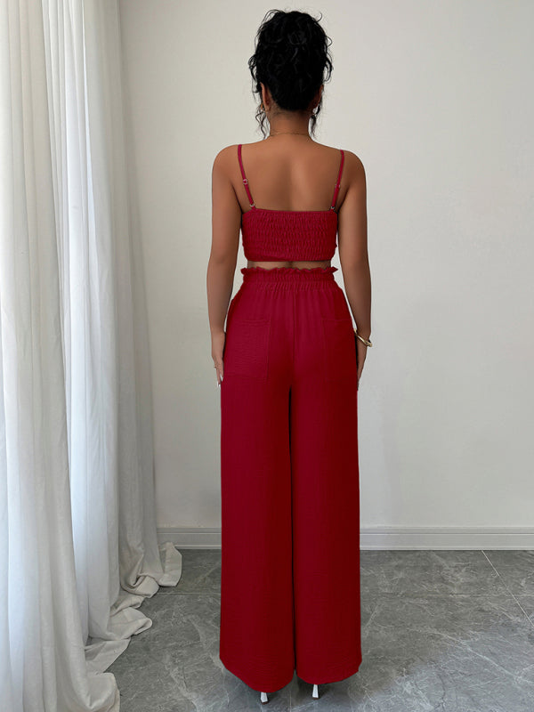Burgundy suspender vest wide-leg pants two-piece  set