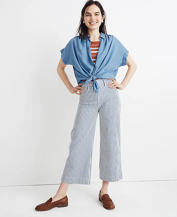 Madewell Emmett Wide-Leg Crop Pants Trousers in Herringbone Railroad Stripe