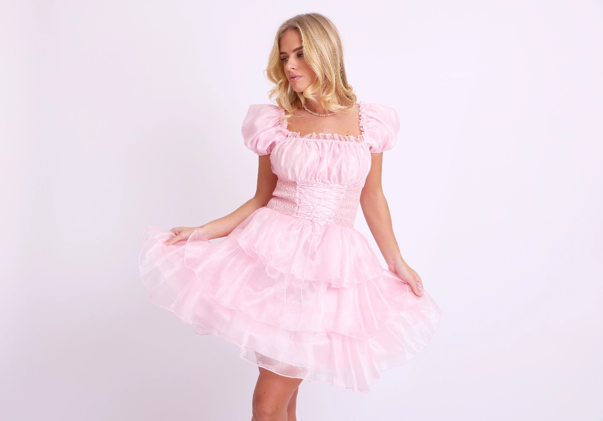 Amy Jane London Pink Arabella Organza Puff Sleeve Corset Bodice Prairie Mini Dress