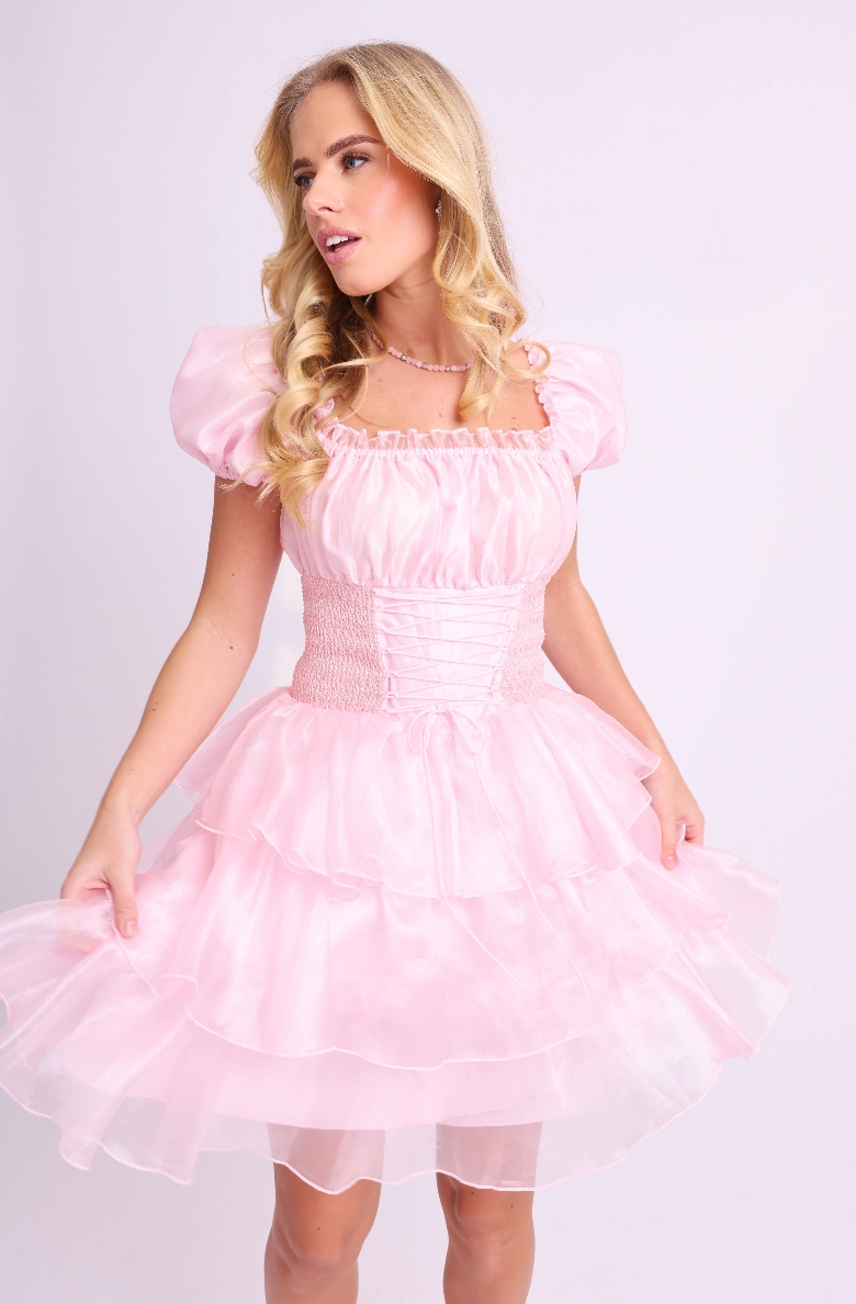 Amy Jane London Pink Arabella Organza Puff Sleeve Corset Bodice Prairie Mini Dress