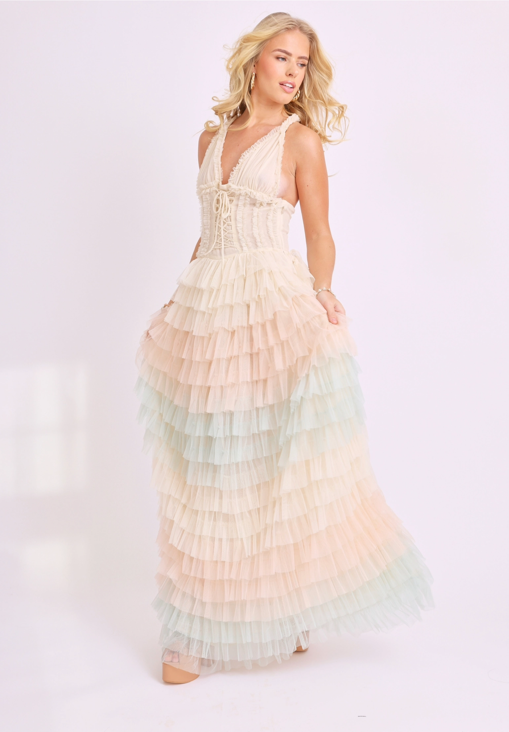 Amy Jane London Iris Dusty Corset Bodice Ruffle Tulle Layered Fairytale Gown