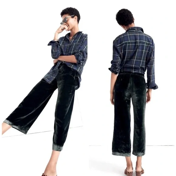 Madewell Huston Green Festive Velvet Pull On Wide Leg Crop Pants Trousers