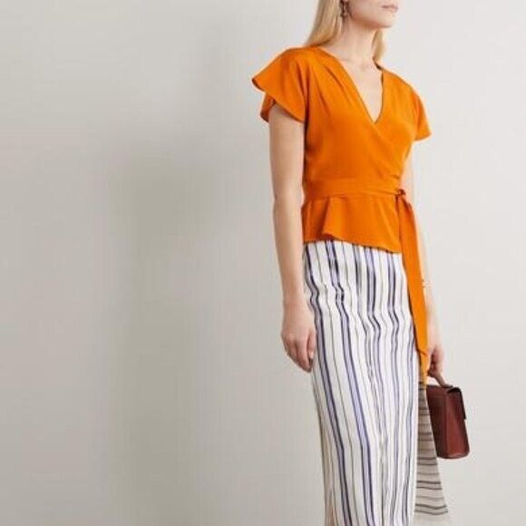 Diane Von Furstenberg DVF Orange Crepe De Chine Silk Wrap Blouse Top