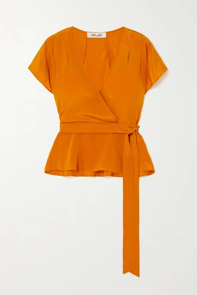 Diane Von Furstenberg DVF Orange Crepe De Chine Silk Wrap Blouse Top