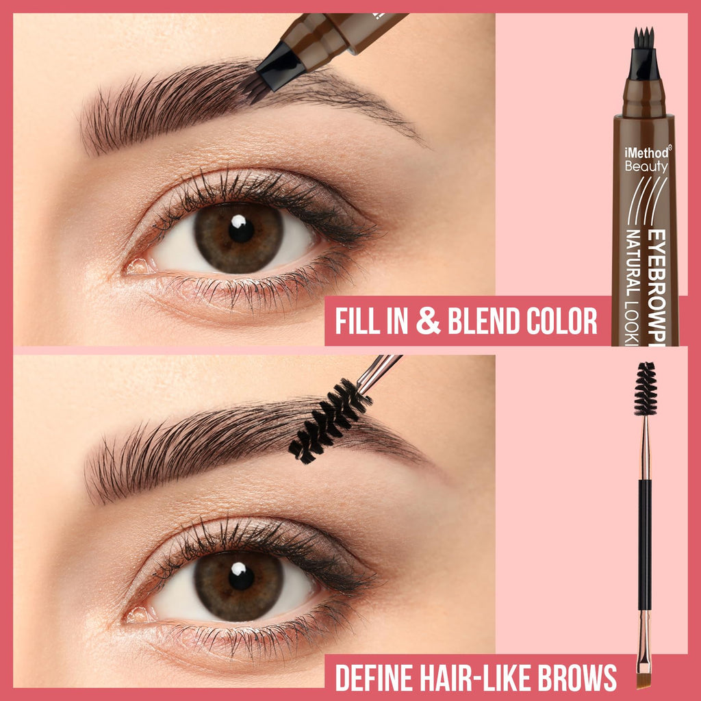 iMethod Eyebrow Pen - 4-Fork Tip, Hair-Like Brows, Waterproof All-Day Wear, Dark Brown