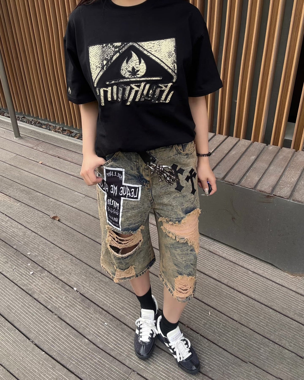 Distressed Gothic Patchwork Denim Shorts with Chains