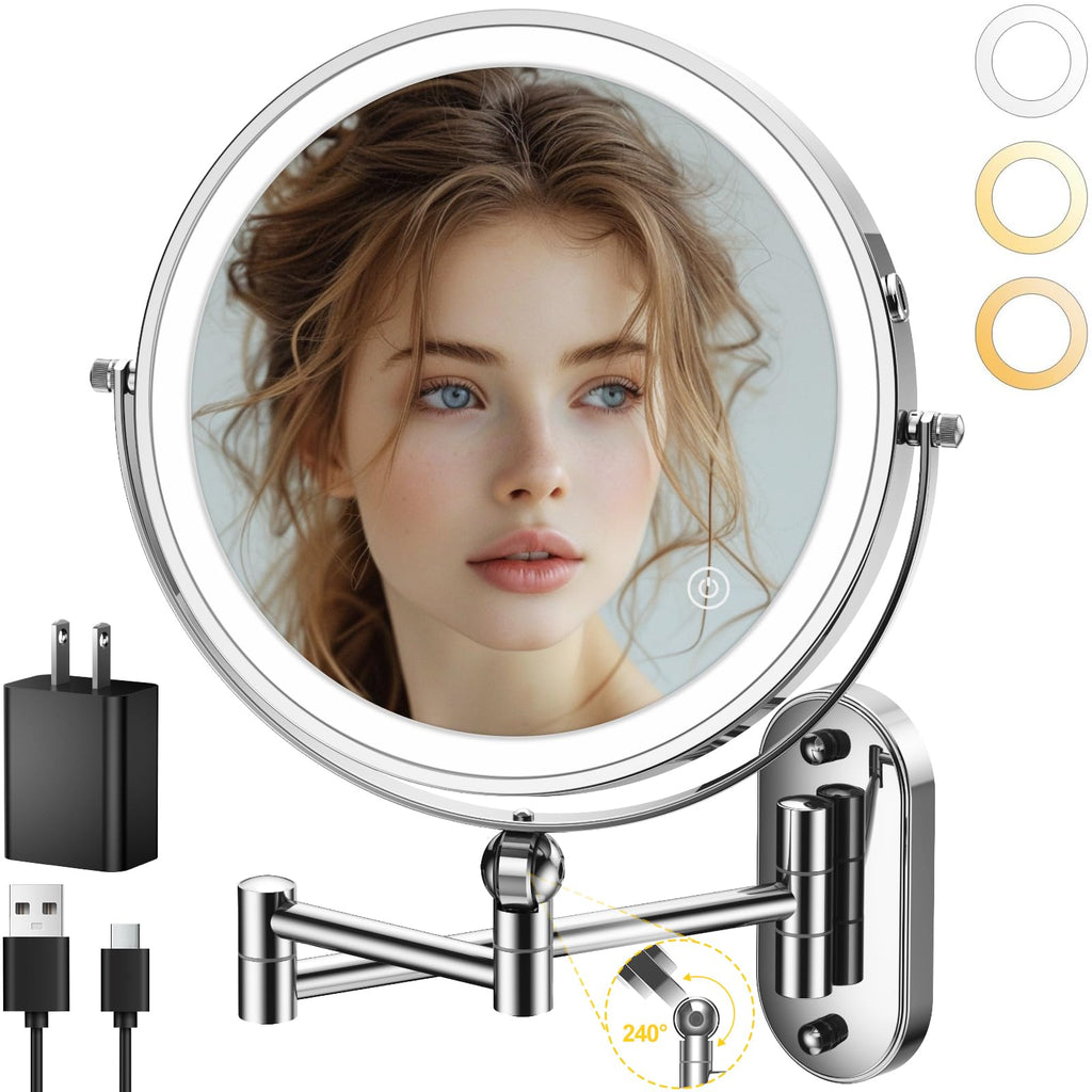 IMIKONA 9-Inch Wall Mounted Lighted Makeup Mirror – 1X/10X, 3-Color LED, Rechargeable