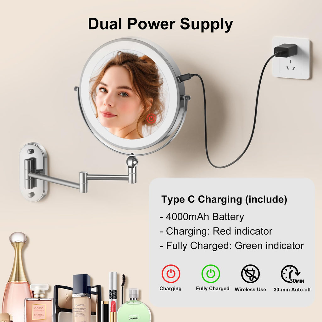 IMIKONA 9-Inch Wall Mounted Lighted Makeup Mirror – 1X/10X, 3-Color LED, Rechargeable