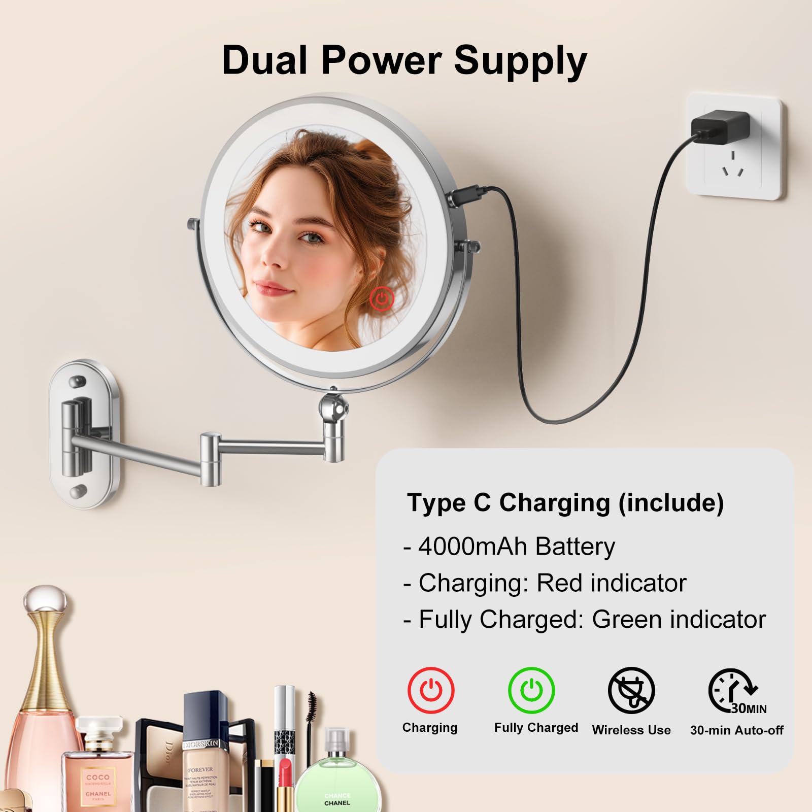 IMIKONA 9-Inch Wall Mounted Lighted Makeup Mirror – 1X/10X, 3-Color LED, Rechargeable