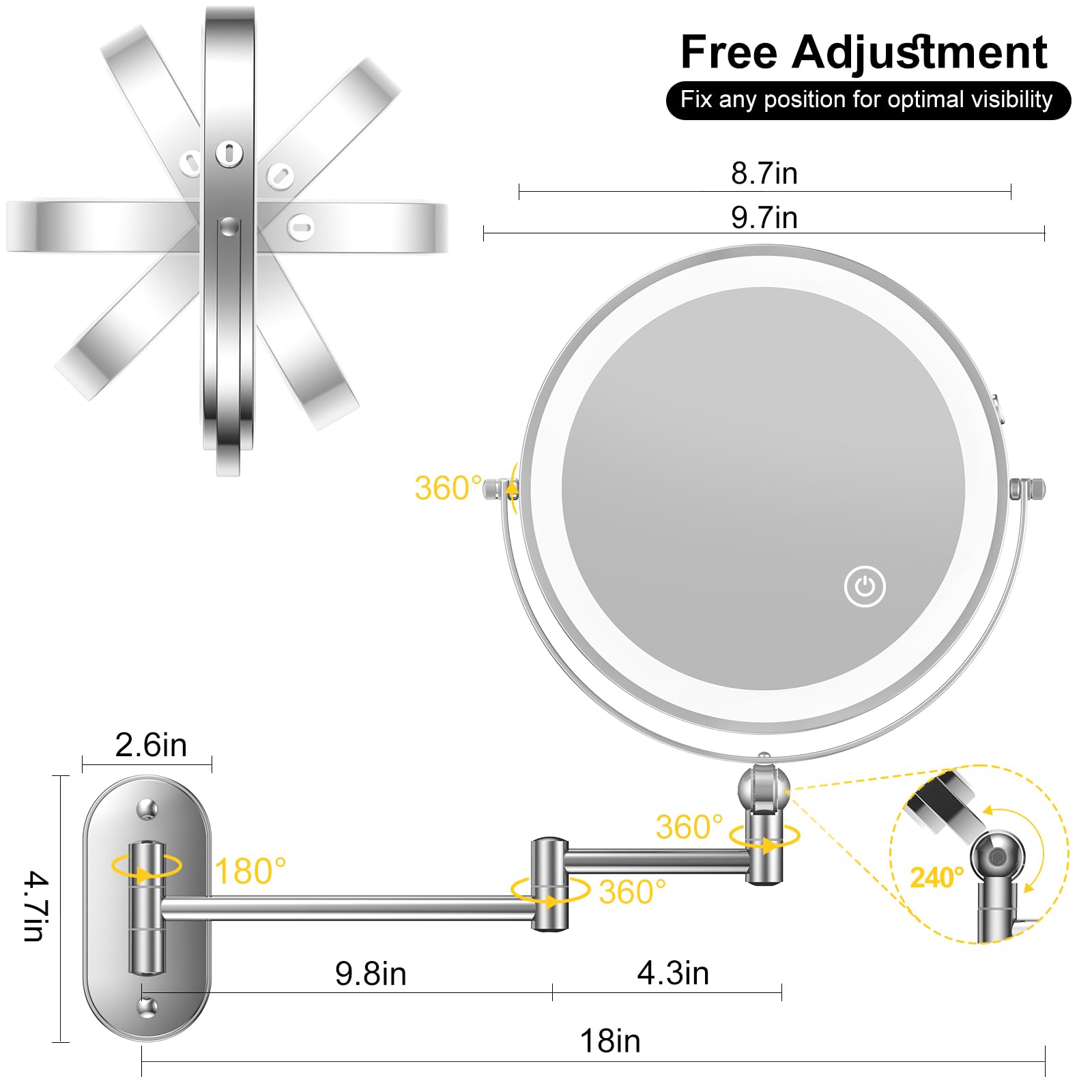 IMIKONA 9-Inch Wall Mounted Lighted Makeup Mirror – 1X/10X, 3-Color LED, Rechargeable