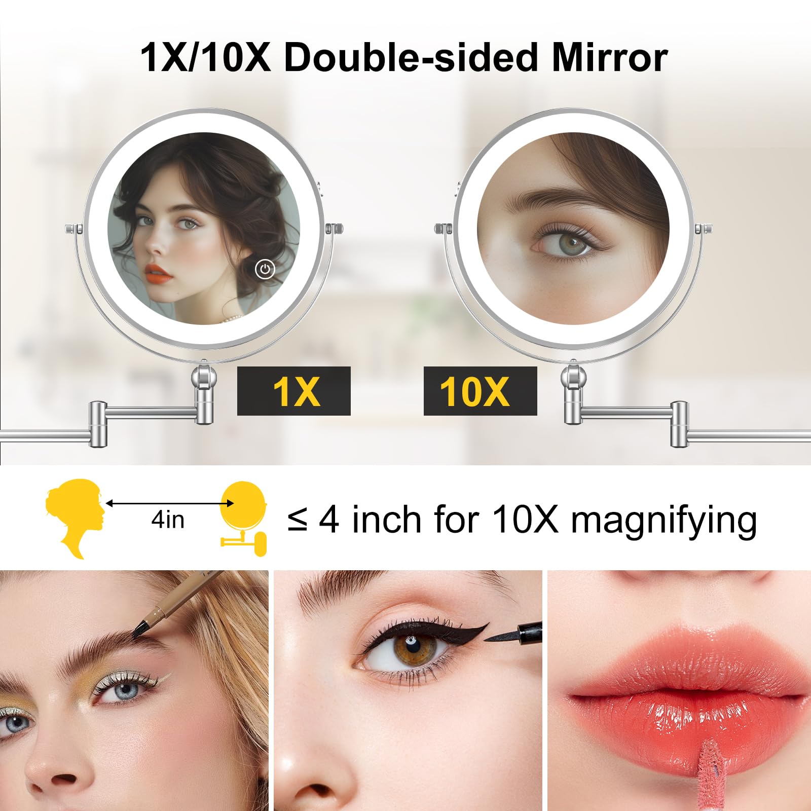 IMIKONA 9-Inch Wall Mounted Lighted Makeup Mirror – 1X/10X, 3-Color LED, Rechargeable