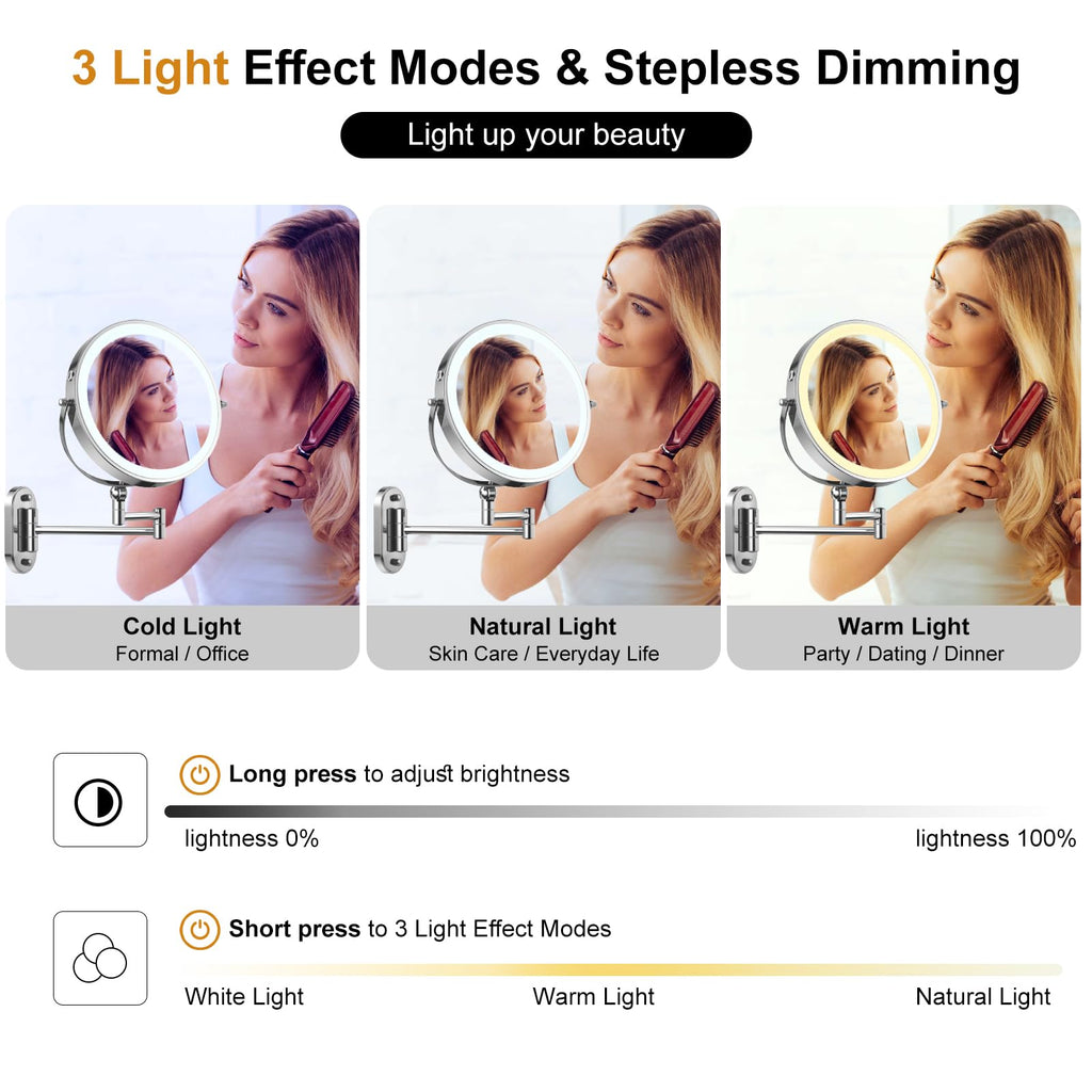 IMIKONA 9-Inch Wall Mounted Lighted Makeup Mirror – 1X/10X, 3-Color LED, Rechargeable