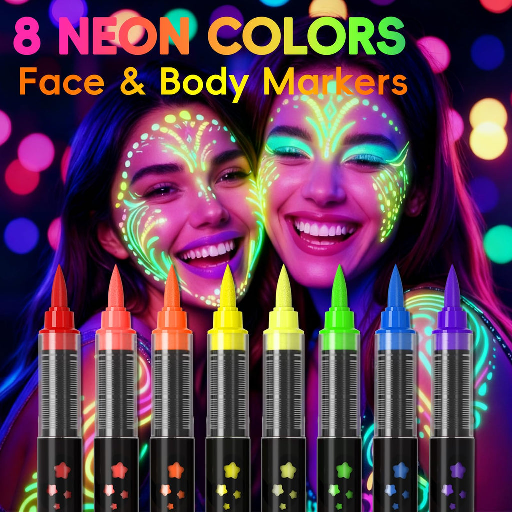 INAFKDPONR 16-Color Luminous Body Painting Kit | UV Neon Face Paint Pens | Washable Skin Tattoo Pen for Parties