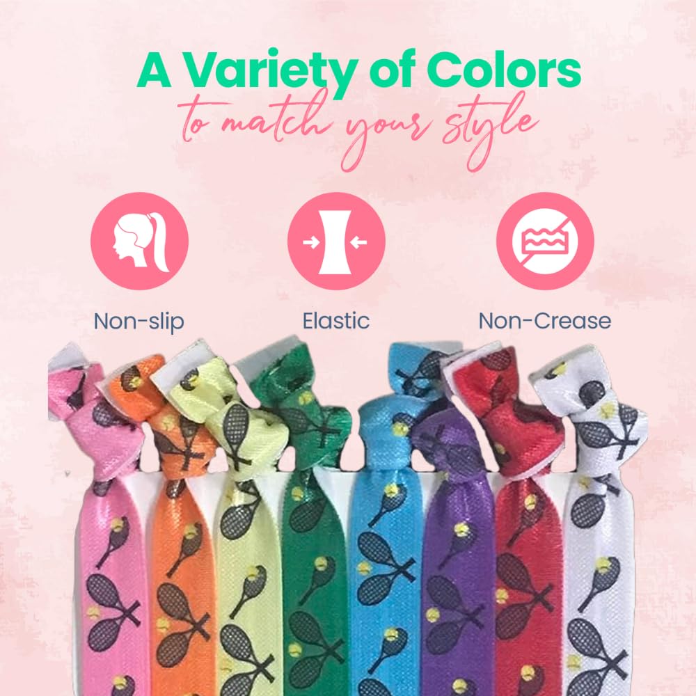 Infinity Collection: Multi-Colored No-Crease Tennis Hair Ties with Tennis Racket Design (8 pcs) – SPORTYBELLA Pack of 2