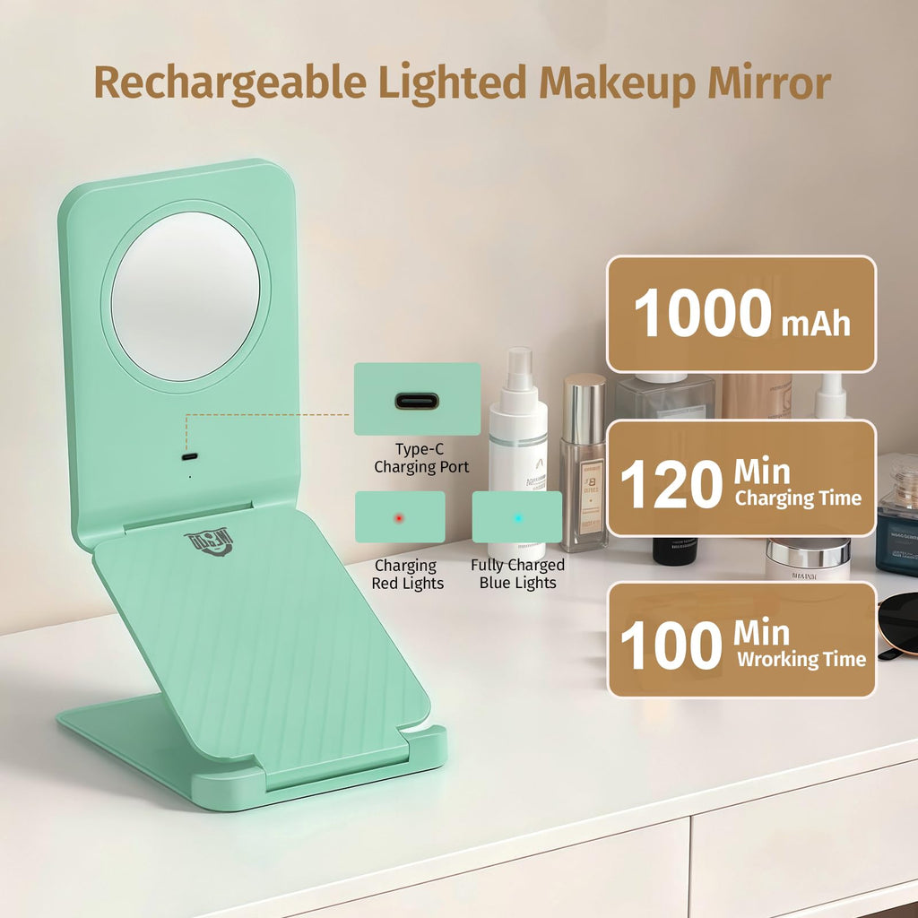 INFOOD Travel Makeup Mirror - Rechargeable LED Vanity with 1x/3x Magnification, 3-Color Dimmable Light, Foldable Mint Green