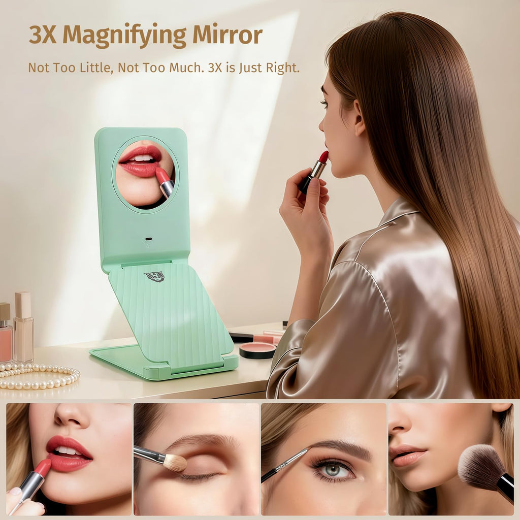 INFOOD Travel Makeup Mirror - Rechargeable LED Vanity with 1x/3x Magnification, 3-Color Dimmable Light, Foldable Mint Green