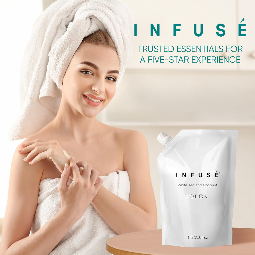 INFUSÉ 1-Liter Lotion Refill Bag – White Tea & Coconut (Set of 3) | Bulk Toiletries for Hotels & Vacation Rentals