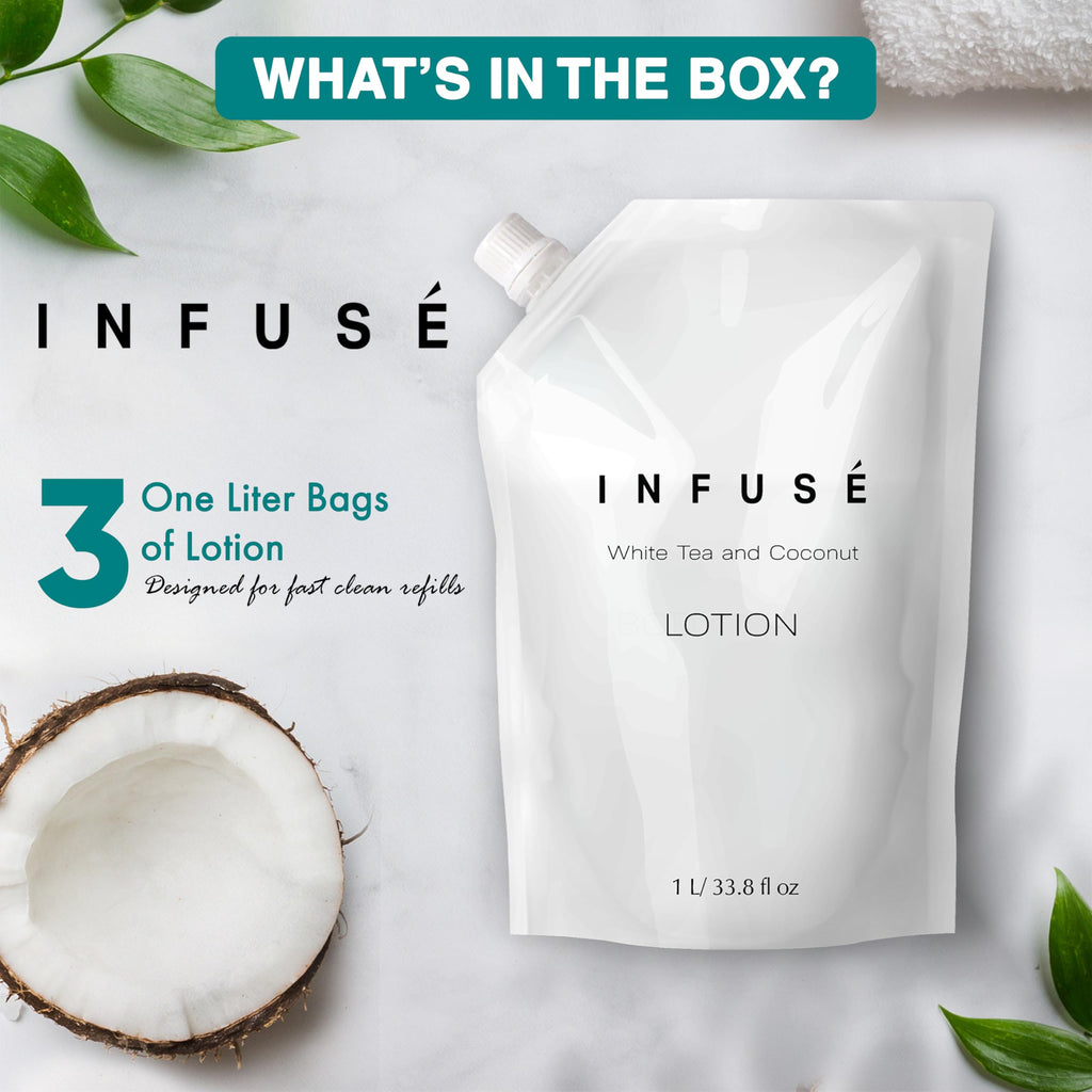 INFUSÉ 1-Liter Lotion Refill Bag – White Tea & Coconut (Set of 3) | Bulk Toiletries for Hotels & Vacation Rentals