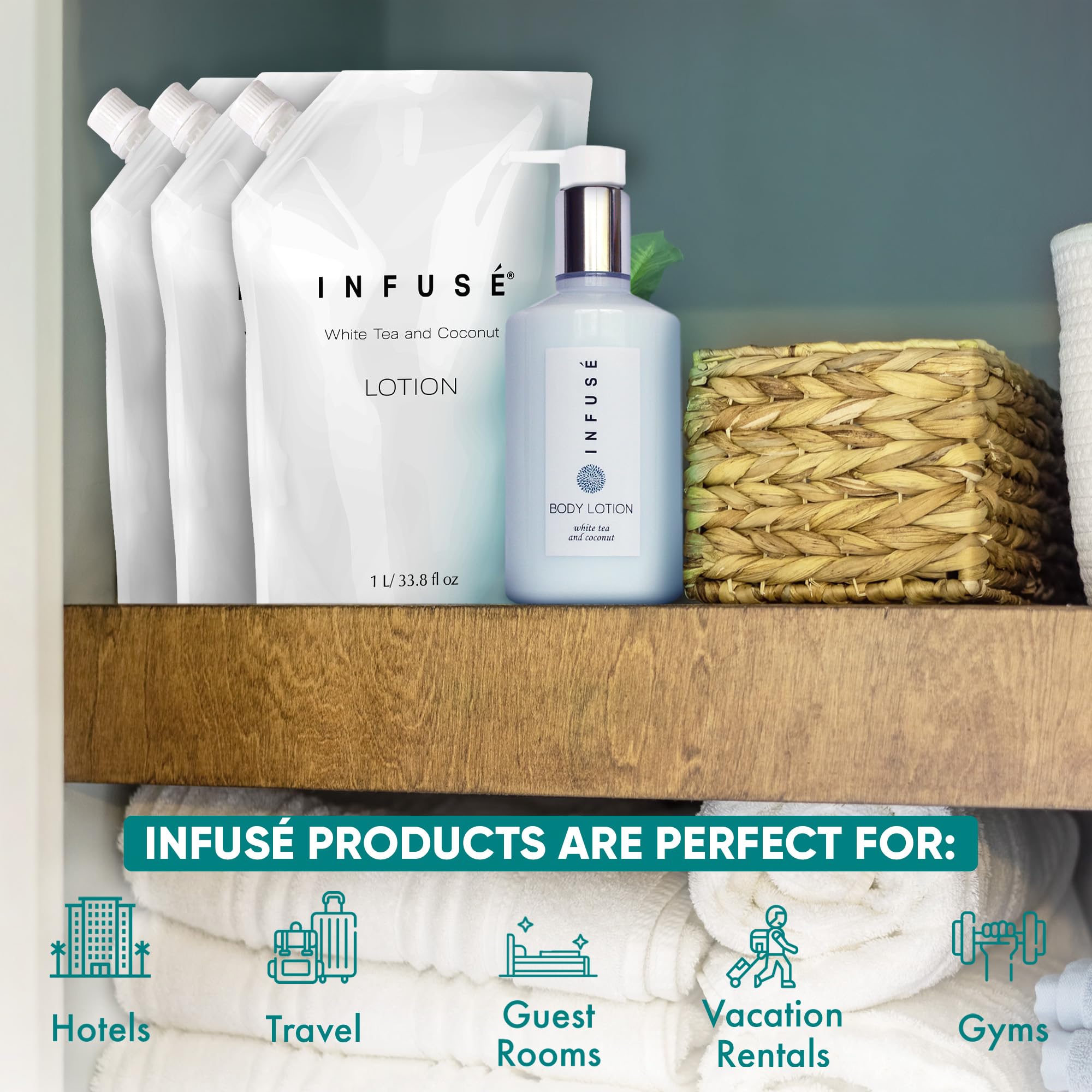 INFUSÉ 1-Liter Lotion Refill Bag – White Tea & Coconut (Set of 3) | Bulk Toiletries for Hotels & Vacation Rentals