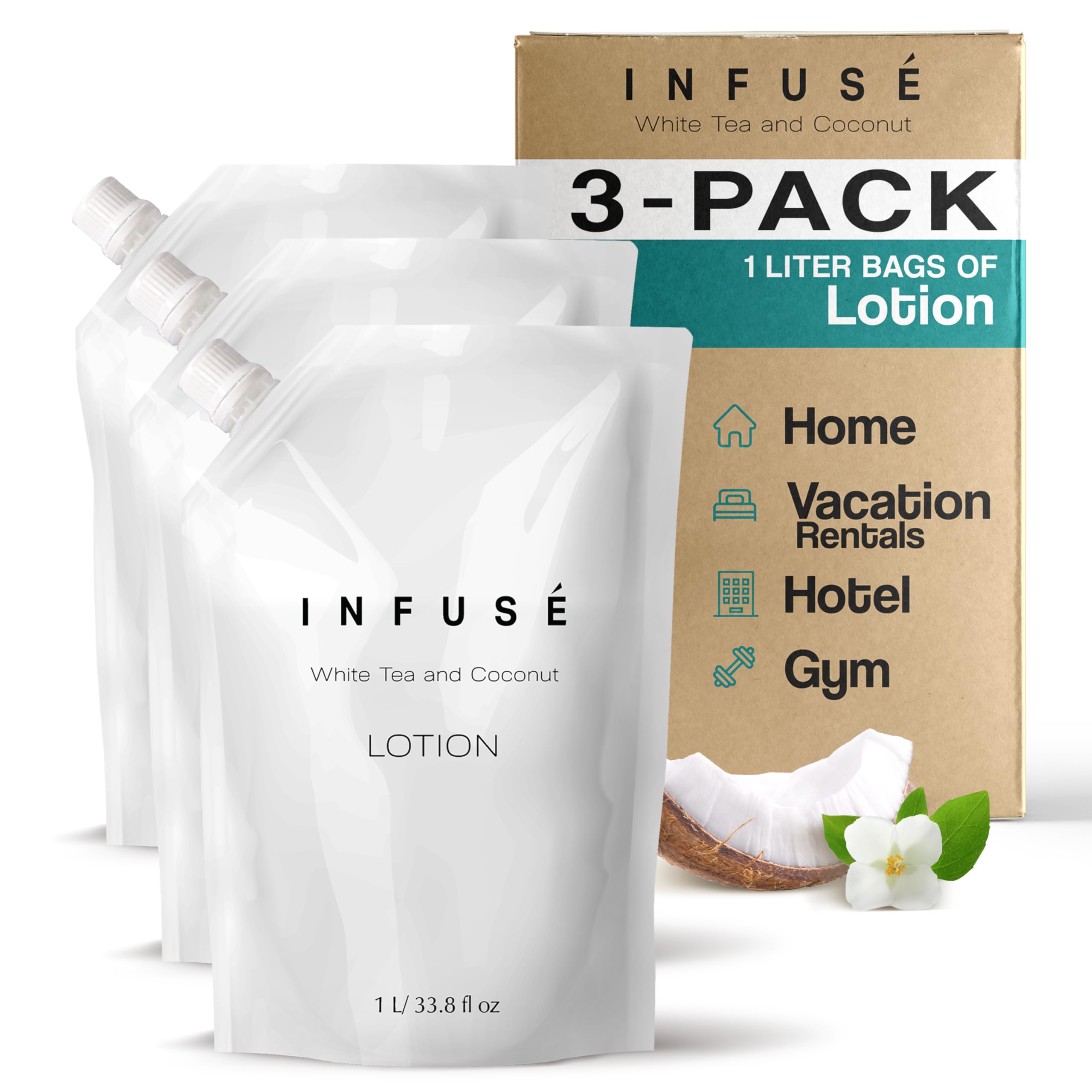 INFUSÉ 1-Liter Lotion Refill Bag – White Tea & Coconut (Set of 3) | Bulk Toiletries for Hotels & Vacation Rentals